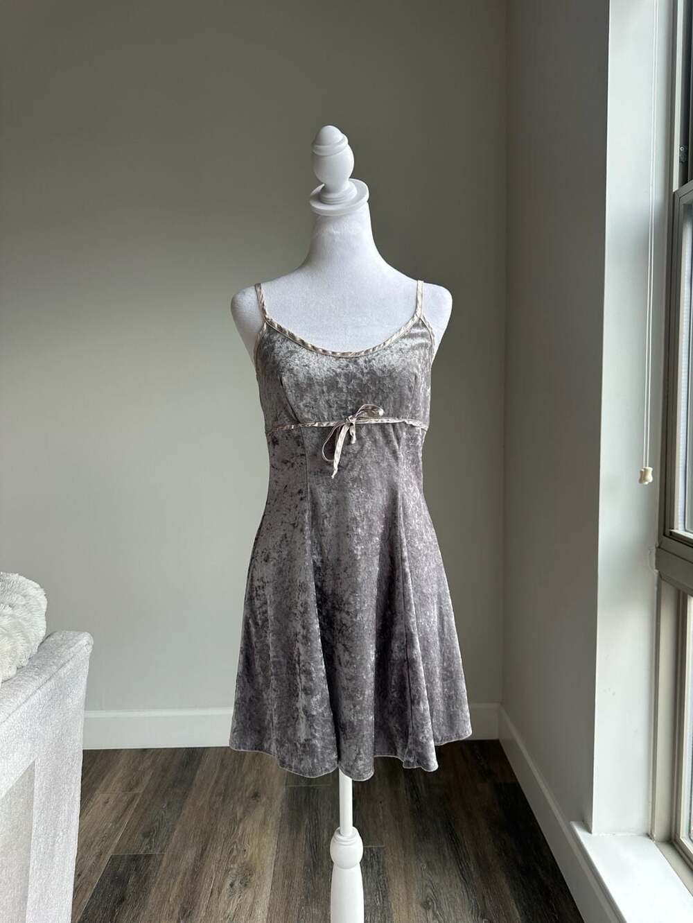 City Triangles Green Gray Crushed Velvet Babydoll Slip Dress Mini Strappy Y2K